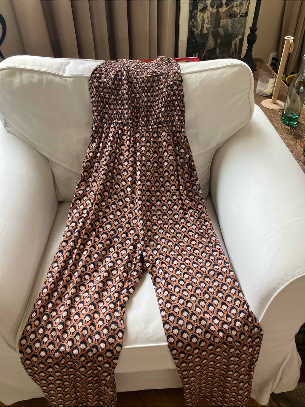 Jessica Simpson Brown Patterned Smocked Waist Jumpsuit